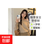 一字肩蝙蝠袖毛衣女秋季新款設(shè)計(jì)感斜肩針織衫寬松露肩上衣  CDPF 燕麥色 均碼