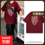 黑色短袖女t恤夏2025夏季220克純棉半袖大碼女裝胖mm寬松上衣Y 2179酒紅色(大煙花星) L