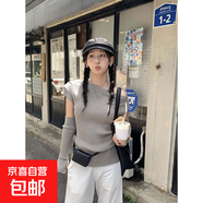 韓系早秋斜領(lǐng)露肩設(shè)計(jì)感袖套針織上衣修身毛衣女530052HZ 卡其色 均碼