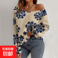 原創(chuàng  )設計秋冬新款女士套頭毛衣 休閑慵懶優(yōu)雅性感3D印花女士毛衣 藍色花卉 XL 肩寬59cm，胸圍116cm，衣長(cháng)6665cm