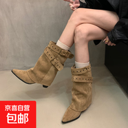 時(shí)尚辣妹尖頭短靴女2025秋冬新款高級感小眾設計褲管靴高跟堆堆靴 卡其色 40