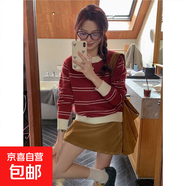 2025秋冬新款韓系拼色條紋套頭毛衣女日常少女針織上衣 酒紅 L
