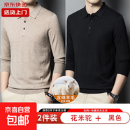 【含羊毛】】男士針織衫2025春秋季新款毛衣純色翻領(lǐng)POLO衫長(zhǎng)袖潮 花米駝+黑色 【兩件裝】 4XL 【建議180-200斤】