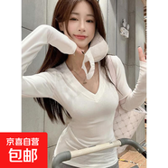 純欲風(fēng)白色長(cháng)袖V領(lǐng)正肩t恤女秋冬新款修身內搭打底衫辣妹上衣RNMY 白色 【單件裝】 L 推薦106-115斤