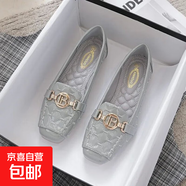 豆豆鞋女新款女鞋牛筋平底淺口皮單鞋女春夏秋一腳蹬皮鞋 淺灰色 40