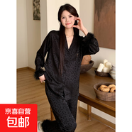 毛毛豹紋睡衣女春秋季冰絲長(cháng)袖套裝可外穿法式輕奢高貴優(yōu)雅家居服 毛毛豹紋-長(cháng)袖玫黑色 M 160(80-100斤)