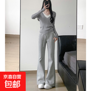粉色微喇叭運動(dòng)褲子女2025夏季新款美式高腰顯瘦垂感休閑闊腿衛褲 淺灰-加長(cháng)款【有口袋-貝貝棉】 M 【90-105斤】