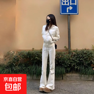 微喇休閑衛(wèi)褲女夏季2025新款美式高腰顯瘦垂墜感運(yùn)動(dòng)闊腿喇叭褲子 米白-常規(guī)款【有口袋-貝貝棉】 M 【90-105斤】