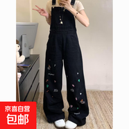 甜酷風(fēng)黑色背帶牛仔褲女2025復古直筒長(cháng)褲 黑色 XL