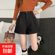 毛呢短褲女春秋冬新款外穿闊腿褲子顯瘦百搭打底褲子小個(gè)子配靴子 黑色 L