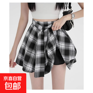 設計不規則格子半身裙女新款高腰a字蝴蝶結系帶休閑運動(dòng)短裙 黑色 M