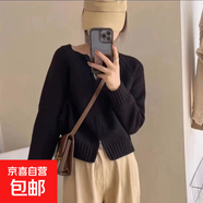 2025秋冬新款寬松灰色短款毛衣外套女裝加厚拉鏈長袖針織開衫上衣 黑色 均碼