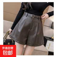 皮短褲女2025新款春秋冬外穿高腰大碼靴褲黑色百搭a字闊腿pu皮褲 咖啡色 2XL