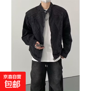 解構(gòu)浮雕繡花牛仔夾克男女立領(lǐng)墊肩cleanfit短款做舊水洗工裝外套 黑色 L