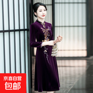 春秋媽媽刺繡連衣裙旗袍中老年旗袍裙中長(cháng)款金絲絨洋氣顯瘦裙子 紫色 5XL 145-155斤