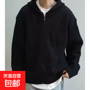鏤空連帽拉煉開(kāi)衫男針織衫2025春季新款毛衣外套男裝潮流外搭破洞 黑色 2XL