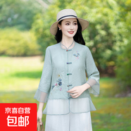 中老年媽媽上衣中國風(fēng)襯衫春季新款繡花小衫寬松大碼遮肚薄款襯衣 豆綠色 3XL 建議120-135斤
