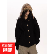 韓國秋款小香風(fēng)毛衣女撞色紐扣軟糯針織開衫外搭 黑色 2XL