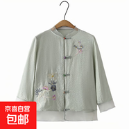 素國七分盤(pán)扣刺繡民族風(fēng)襯衫媽媽夏季新款立領(lǐng)寬松復古茶服上衣女 710淺綠色 5XL 建議150-165斤
