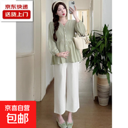孕婦上衣洋氣遮孕肚2025新款長(cháng)袖襯衣娃娃衫小個(gè)子寬松春裝套裝女 綠色套裝 2XL
