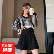 秋冬毛呢闊腿短褲女小個(gè)子高腰半松緊五分褲胖mm顯瘦藏肉A字靴褲 黑色 4XL