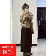 加絨燈芯絨闊腿褲女春秋高腰小個(gè)子洋氣奶奶褲顯瘦美拉德棕色褲子 焦糖色 加絨 S