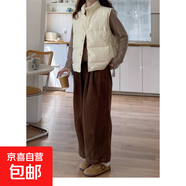 加絨燈芯絨闊腿褲女春秋高腰小個(gè)子洋氣奶奶褲顯瘦美拉德棕色褲子 焦糖色 XL