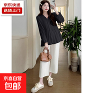 孕婦上衣洋氣遮孕肚2025新款長(cháng)袖襯衣娃娃衫小個(gè)子寬松春裝套裝女 黑色套裝 2XL