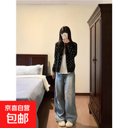 圓領(lǐng)波點(diǎn)針織開(kāi)衫短外套女春秋款2026新款森系設計感外搭軟糯毛衣 4632黑色 S  【建議80斤-95斤】