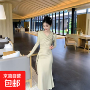 春秋款蕩領(lǐng)長(cháng)袖連衣裙女抽繩收腰顯瘦包臀魚(yú)尾裙D3171 豆綠色 XL 【120-130斤】