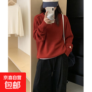 韓版秋冬新款圓領(lǐng)袖口貼標設計寬松學(xué)院風(fēng)毛衣女套頭針織衫上衣女 紅色 均碼