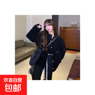 高級感夾棉拼接羊羔毛毛牛仔棉服外套女秋冬百搭寬松氣質(zhì)小香風(fēng) 黑色 M