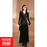 春秋款長(cháng)袖v領(lǐng)連衣裙褶皺收腰顯瘦包臀魚(yú)尾裙D3170 黑色 M 【100-110斤】