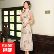 2025春夏新款改良旗袍連衣裙長(cháng)裙時(shí)尚少女雪紡繡花中國風(fēng)女裝旗袍 CQ3-4淡黃 2XL 建議120-130斤