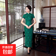 2025新款改良旗袍長(cháng)款連衣裙大碼媽媽裝修身復古演出服蕾絲中國風(fēng) C0203-A綠色 M 建議90-100斤