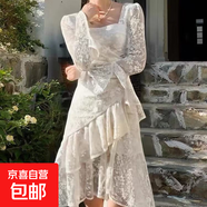 【有里布】2025春秋款重工蕾絲長袖連衣裙法式復古公主裙D3252 杏色 XL 【120-130斤】
