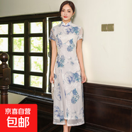 2025春夏新款改良旗袍連衣裙長(cháng)裙時(shí)尚少女雪紡繡花中國風(fēng)女裝旗袍 CQ3-1青花瓷 3XL 建議130-140斤