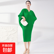 三宅大碼女裝裙子女夏連衣裙蝙蝠袖高級感歐美氣質(zhì)款褶皺裙子 綠色 均碼