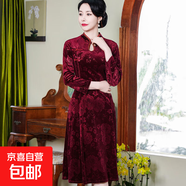 媽媽裝復古九分袖旗袍裙中年婆婆氣質(zhì)顯瘦民族風(fēng)壓花春夏季連衣裙 紅色 6XL 建議160-175