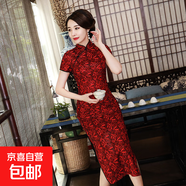 2025新款改良旗袍長(cháng)款連衣裙大碼媽媽裝修身復古演出服蕾絲中國風(fēng) 紅黑C0205 M 建議90-100斤