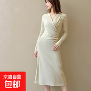 春秋款長(cháng)袖v領(lǐng)連衣裙褶皺收腰顯瘦包臀魚(yú)尾裙D3170 豆綠色 S 【100斤以下】