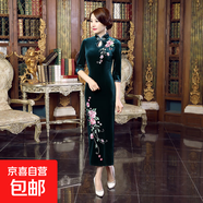 新款絲絨中袖旗袍刺繡旗袍批發(fā)修身時(shí)尚長(cháng)款氣質(zhì)婚宴禮服連衣裙女 綠色 2XL 建議120-130斤