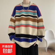 美式潮牌不規(guī)則條紋毛衣情侶款秋季復(fù)古慵懶風(fēng)寬松針織衫 彩色 2XL