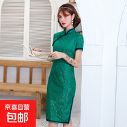 新款國民老上海改良旗袍夏季短袖蕾絲邊復古棉麻旗袍裙中式連衣裙 LGD11綠色 M 建議90-100斤
