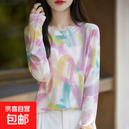 秋薄款精紡水溶羊毛針織衫長(zhǎng)袖毛衣女寬松圓領(lǐng)拼色印花打底上衣 粉色涂鴉 M