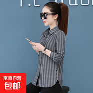 時尚條紋純棉長袖襯衫女春秋新款中年媽媽裝氣質翻領顯瘦上衣 深灰色 3XL 135-145