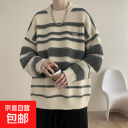 美式潮牌不規(guī)則條紋毛衣情侶款秋季復(fù)古慵懶風(fēng)寬松針織衫 綠色 M