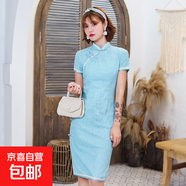 新款國民老上海改良旗袍夏季短袖蕾絲邊復(fù)古棉麻旗袍裙中式連衣裙 LGD11淺藍 XL 建議110-120斤