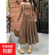 復古咖色絲絨蛋糕半身裙女秋冬季法式高腰顯瘦a字中長(cháng)款大擺傘裙 4601咖色 M M 【建議96斤-110斤】