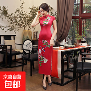 2025新款改良旗袍長(cháng)款連衣裙大碼媽媽裝修身復古演出服蕾絲中國風(fēng) C0099玫紅 M 建議90-100斤